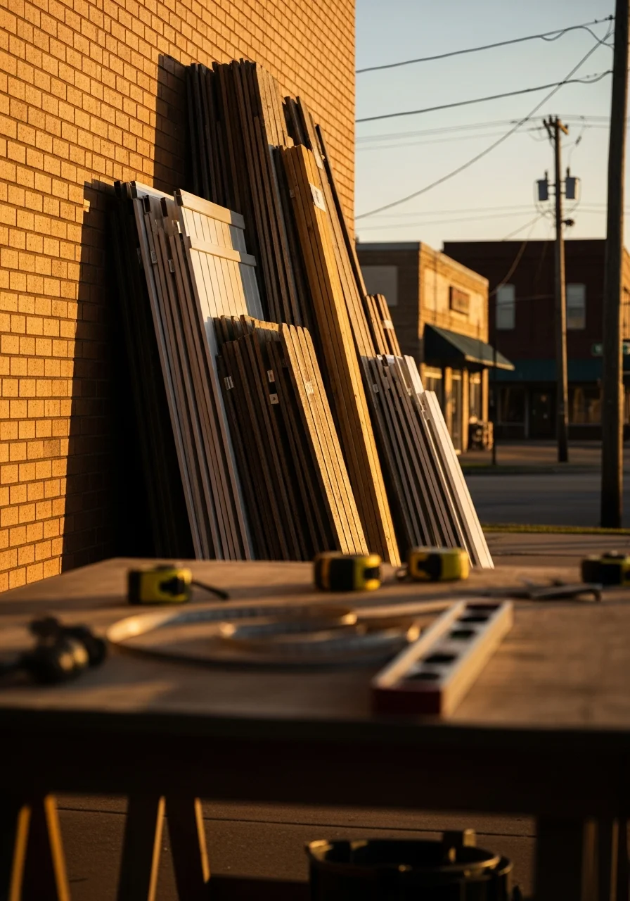 A team member in professional attire standing in a Dothan business district, ready to help.