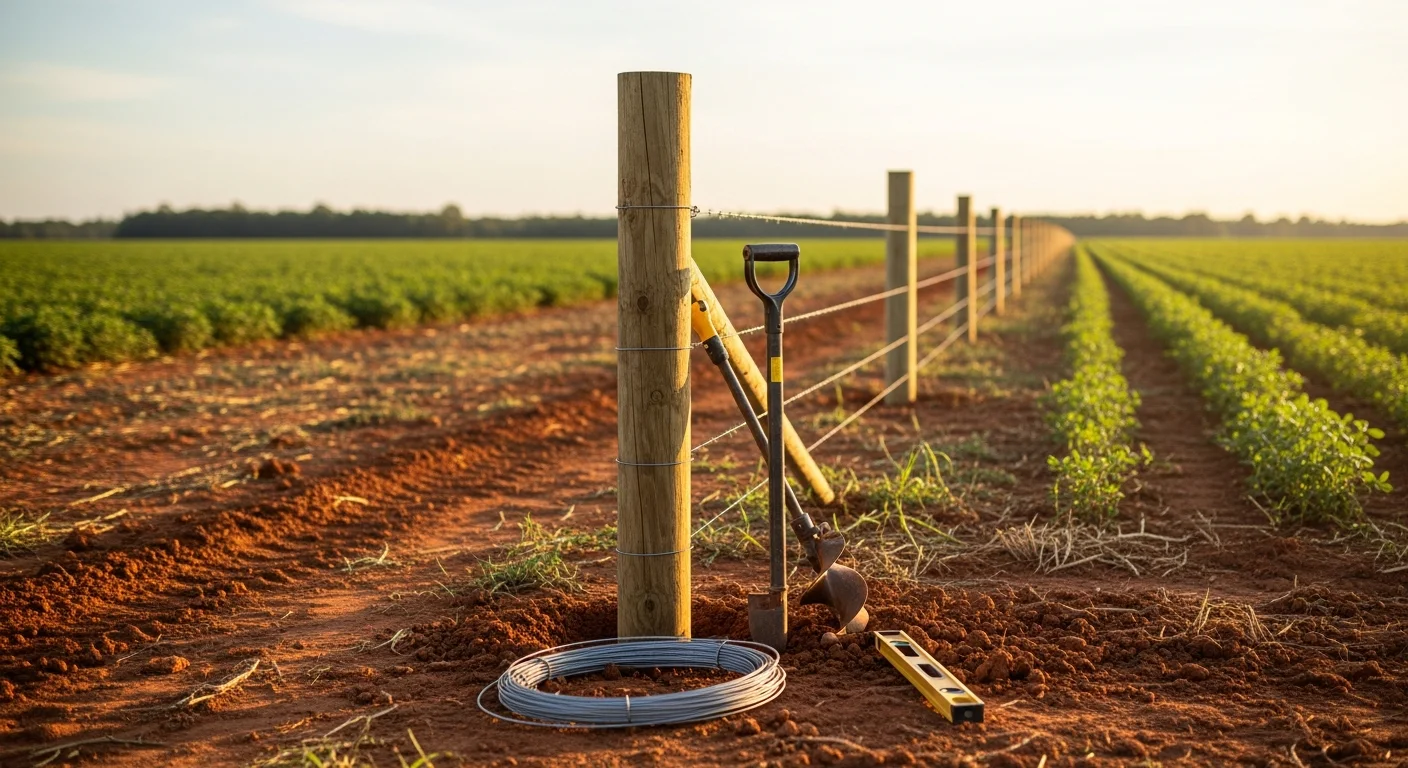 A straight agricultural fence line running along a flat pasture field in Slocomb, Alabama, with wooden corner posts and wire fencing containing livestock. A wide metal farm gate is visible at the field entrance, sized for tractor access.