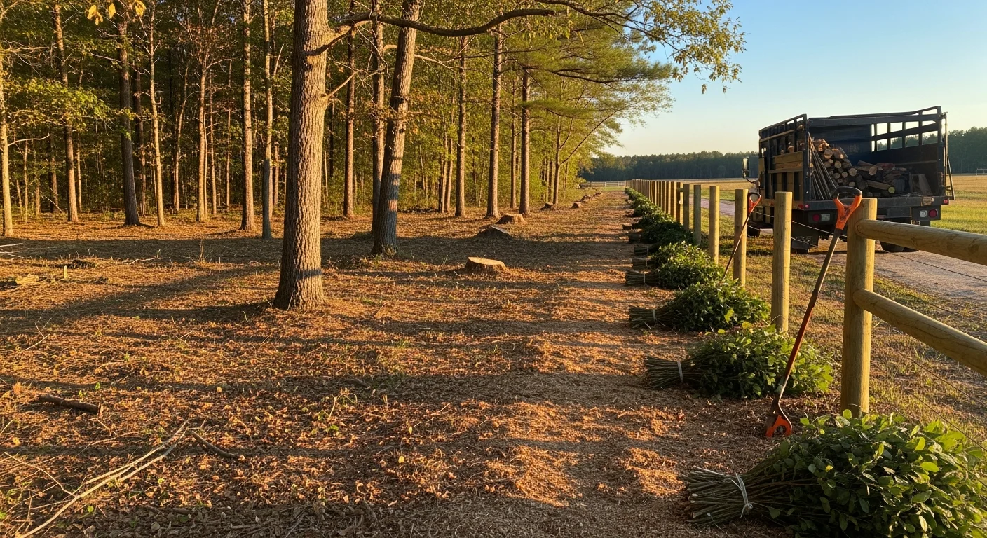 A Headland, Alabama residential property after professional brush removal, showing cleared fence lines and open ground where dense shrubs and vines previously covered the lot edge. Debris has been removed and the soil surface is visible and accessible.