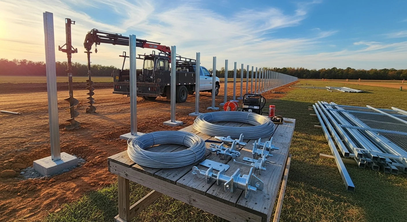 A heavy-gauge chain link perimeter fence with a drive gate installed along a commercial property lot in Headland, Alabama. The fence runs the full length of the property line with concrete-set posts and a padlocked swing gate at the entrance.