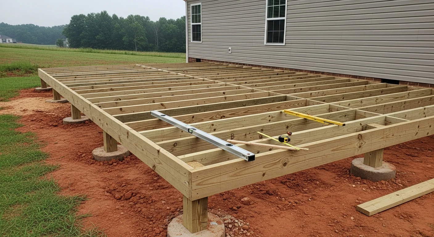 A newly built custom deck attached to a residential home in Headland, Alabama, featuring clean framing lines and an open backyard view. The deck structure shows level boards and a defined perimeter railing suited for southeast Alabama's outdoor living conditions.