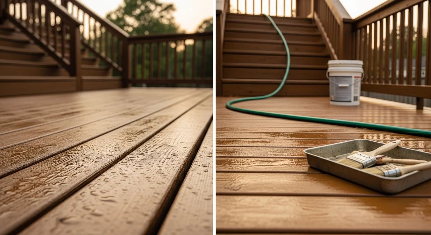 A freshly finished wood deck behind a residential home in Headland, Alabama, with even stain coverage across boards, railings, and stairs. The surface shows clean, smooth wood grain with no visible graying or weathering.