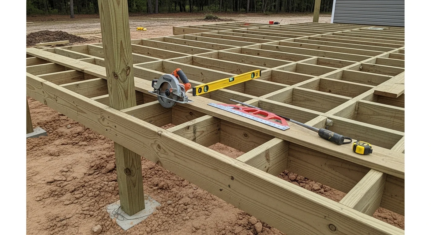 A newly installed wood deck attached to the back of a single-family home in Headland, Alabama, with open yard space visible beyond the railing. The deck features clean board lines and a step-down to grade level.