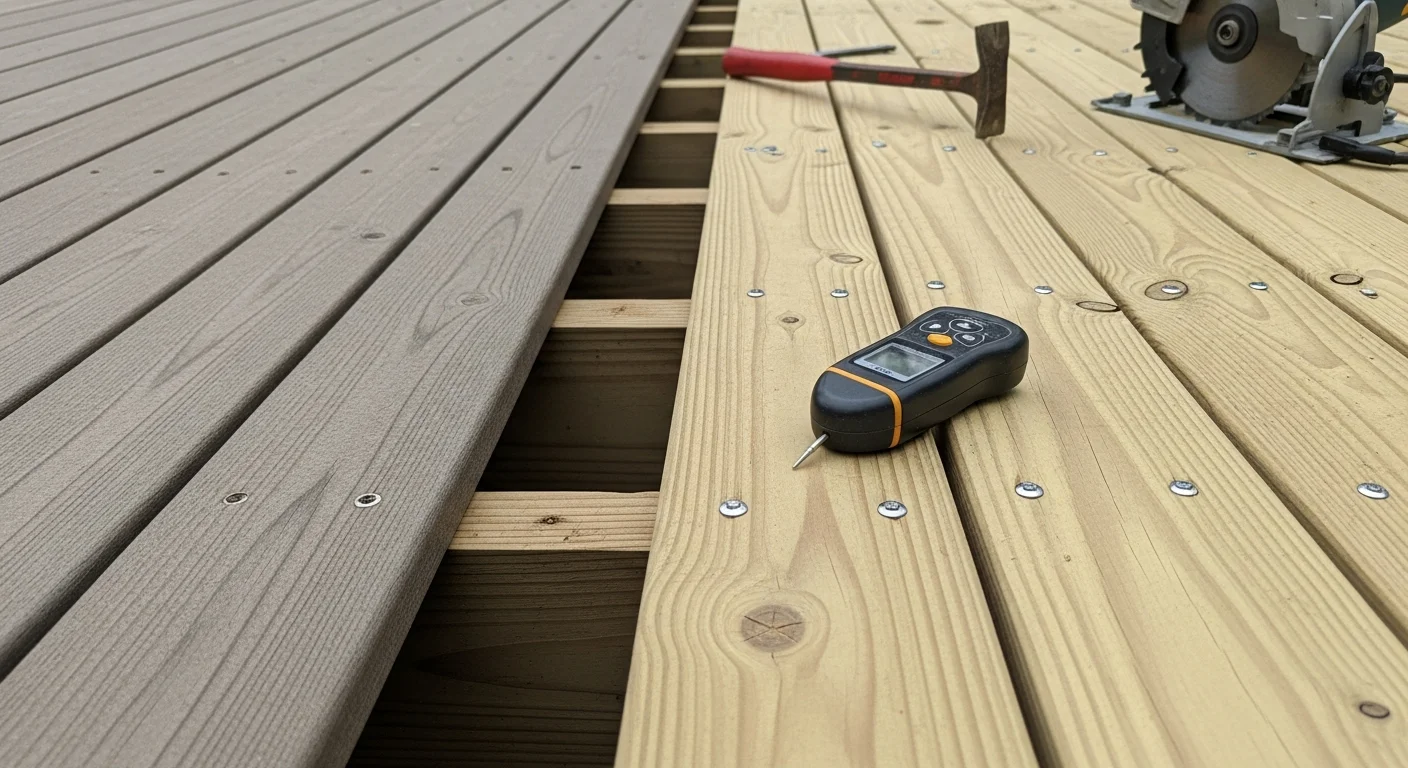 A repaired residential deck in Headland, Alabama with replaced surface boards, secured railings, and reinforced post connections. The finished deck shows consistent board spacing and solid framing visible at the stair section.
