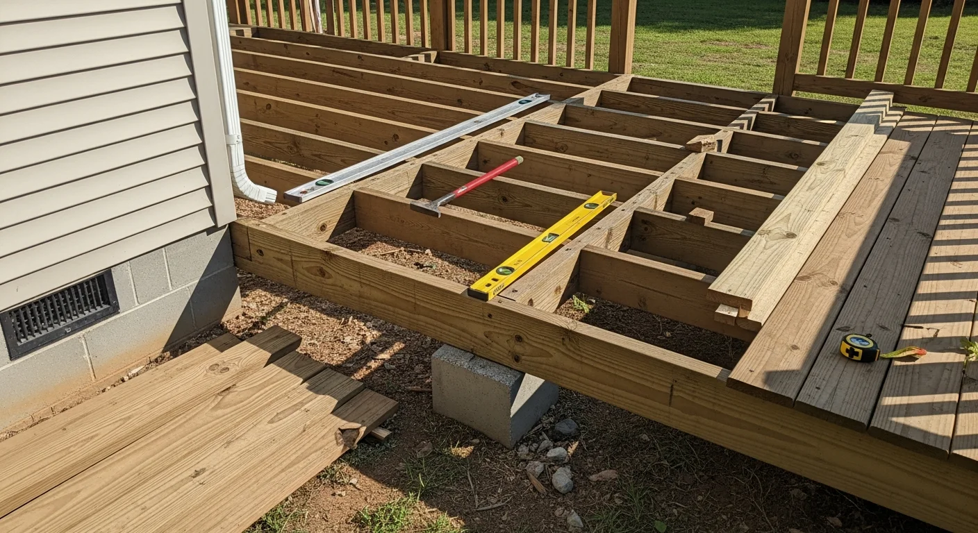 A newly completed deck replacement on a residential home in Headland, Alabama, showing fresh decking boards, clean post bases, and a secure ledger connection to the house exterior.
