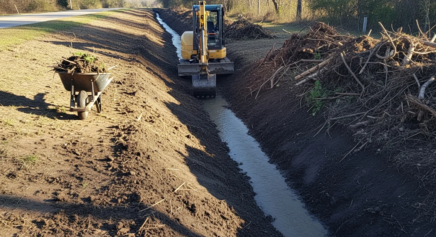 A freshly cleared roadside ditch on a Headland, Alabama residential property with open banks, removed brush, and visible water flow channel. A landscape contractor's equipment is positioned along the cleared ditch line.