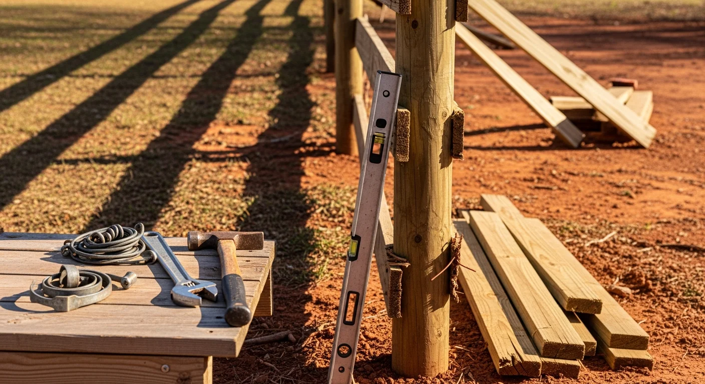 A repaired wooden fence along the backyard of a single-family home in Headland, Alabama, with straightened posts and replaced rails showing a clean, stable fence line. The surrounding yard reflects a typical residential lot in southeast Alabama after storm-season weather.