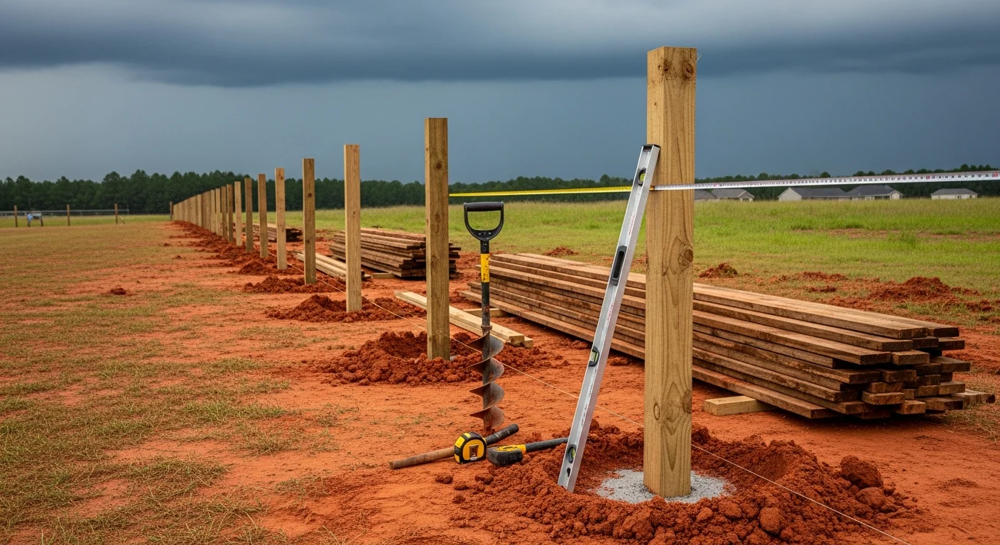 A newly installed replacement fence running along the backyard boundary of a residential property in Headland, Alabama. The fence line is straight and clean, with fresh posts set in the ground and uniform panels replacing a previously worn and leaning structure.