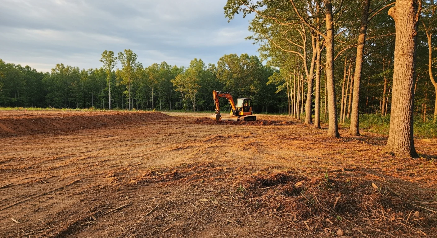 A freshly cleared residential lot in Headland, Alabama, with stumps removed and level ground exposed after brush and tree clearing. Heavy equipment tracks are visible at the edge of the site where dense Wiregrass-region vegetation was removed.