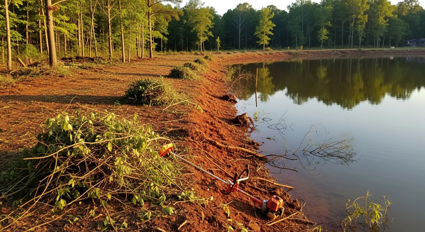 A cleared pond bank on a rural Headland, Alabama property showing open access along the water's edge with brush and woody growth removed. The dam face and surrounding bank are visible and free of encroaching vegetation.