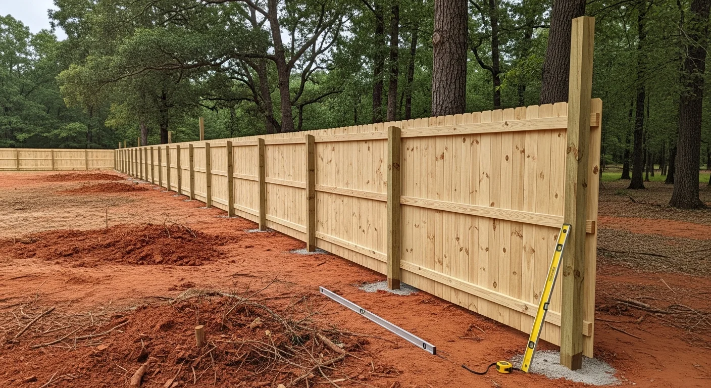 A newly installed residential privacy fence along the backyard of a single-family home in Slocomb, Alabama. The fence runs a straight line across a flat grass yard with a wooden gate centered on the rear property line.