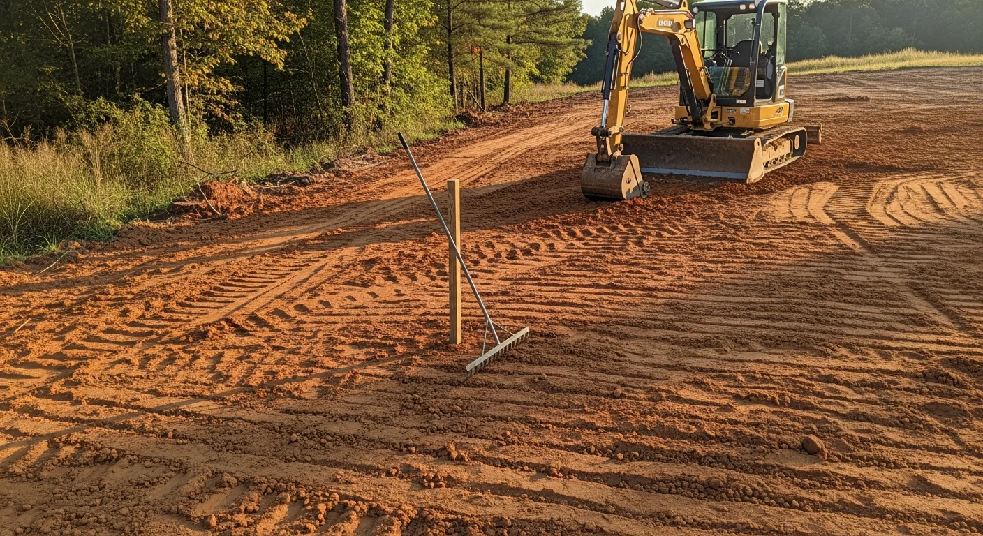 A Headland, Alabama residential property with freshly graded and compacted soil, cleared of vegetation and stumps, ready for landscape installation. The level surface shows proper slope away from the home's foundation with no standing water present.